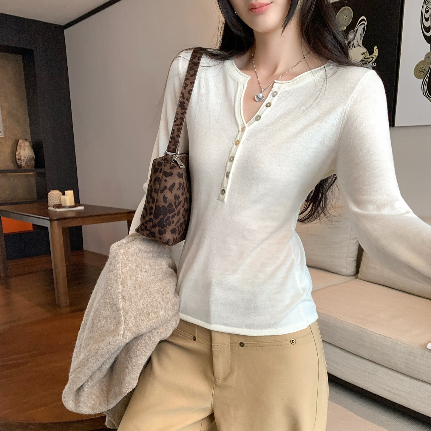 Henry Neck Long Sleeve Inner Layer Women's T-Shirt,  Slim Fit, Charming Half-Open Collar Top