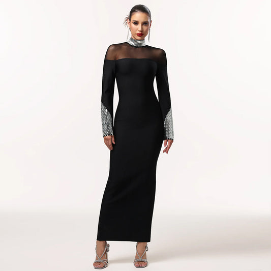 Elegant High Neck Long Sleeve Fitted Sequined Dress for Women