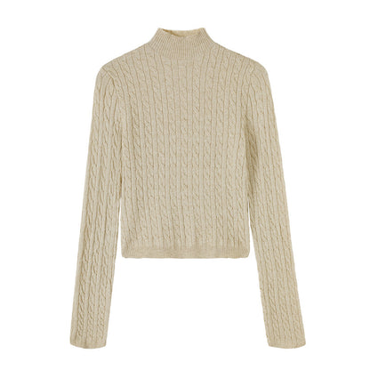 Chic Gray Cable Knit Crewneck Sweater Top for Women,  Slim Fit Short Length Underwear Shirt