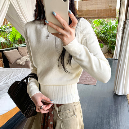 Soft Pink Round Neck Knit Top for Women, Fitted Slim Fit, Short Length Innerwear Sweater