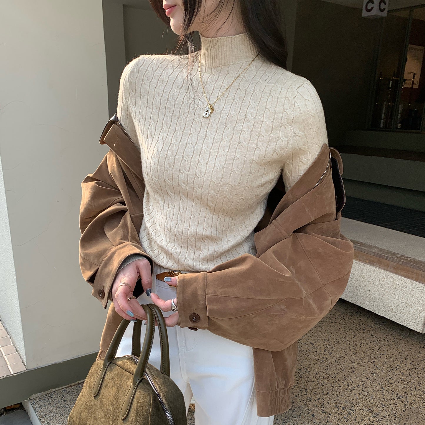 Chic Gray Cable Knit Crewneck Sweater Top for Women,  Slim Fit Short Length Underwear Shirt