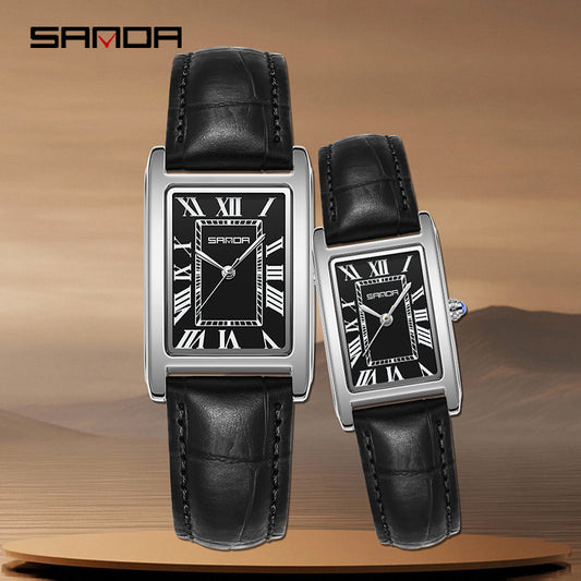SANDA New Couple Watches Square Waterproof Quartz Watches Minimalist Three-Hand Roman Dial Men's and Women's Wristwatches