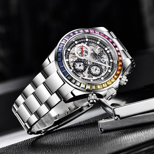 Paganidesign Men's Multifunction Automatic Mechanical Watch with Open Movement and Stainless Steel Case 1653